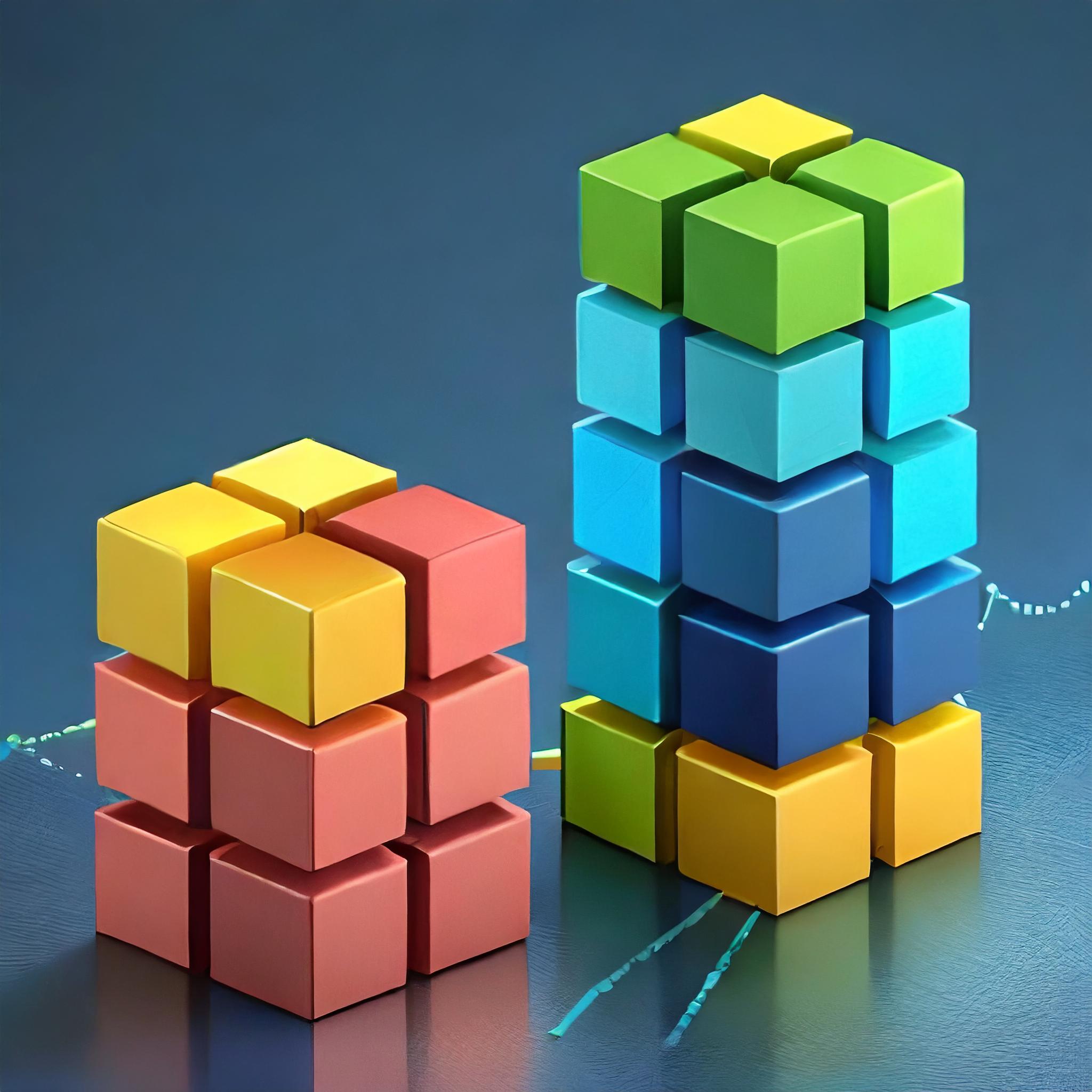 AI prompt: two towers of neatly stacked 3d cubes, isolated dark blue background